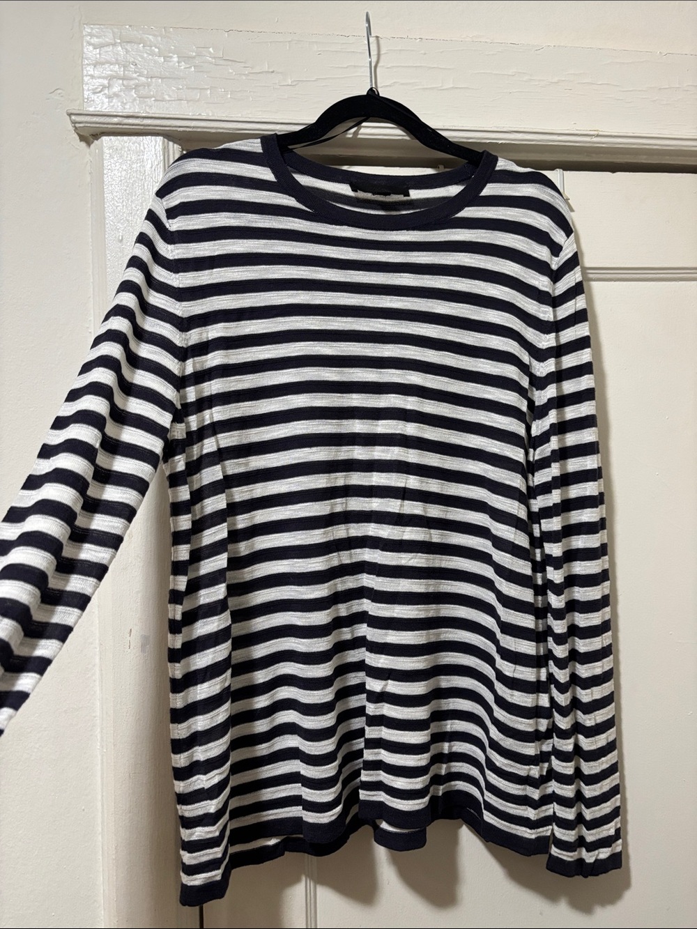 Zara Oversized Striped Crewneck Lightweight Sweater in Navy and White